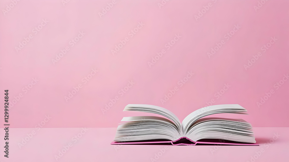 Poster open book with white pages and black text on a pink backdrop soft lighting and minimalist presentati
