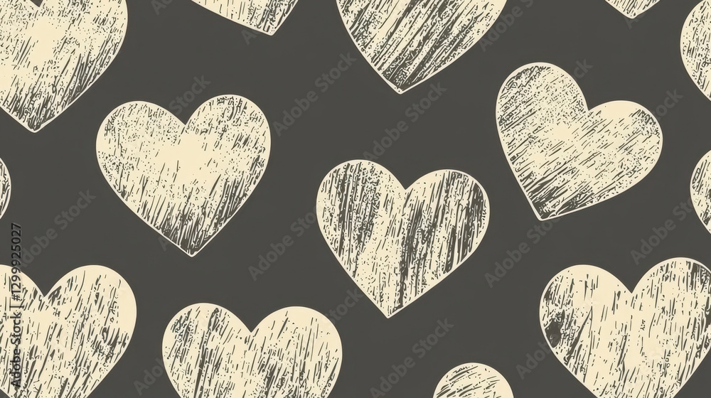 Poster Seam pattern featuring hearts on a solid black background for textile or graphic design use