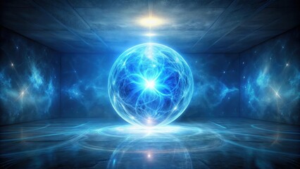 A glowing blue energy field radiates from a mysterious orb in the center of a darkened room, emitting an otherworldly aura, mystical ambiance, paranormal atmosphere