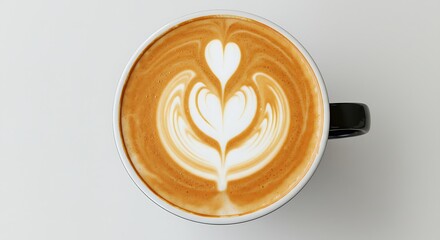 Top-down view of a cappuccino with latte art, placed on a white table