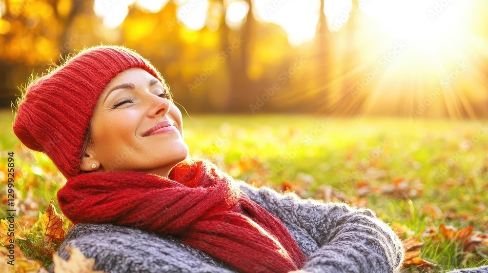 Aufkleber woman relaxing on grass surrounded by colorful fall leaves in a park setting