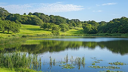 Fototapeta premium Serene lake surrounded by lush greenery and rolling hills under a clear blue sky