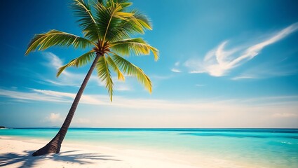 Obraz premium Serene Tropical Beach with Vintage Vibes and Palm Tree Under Vibrant Blue Sky