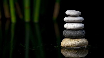 Balanced Stack Of Smooth River Stones With Reflection In Water Against Black Background