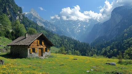 Scenic mountain landscape featuring a rustic cabin surrounded by vibrant wildflowers and towering peaks
