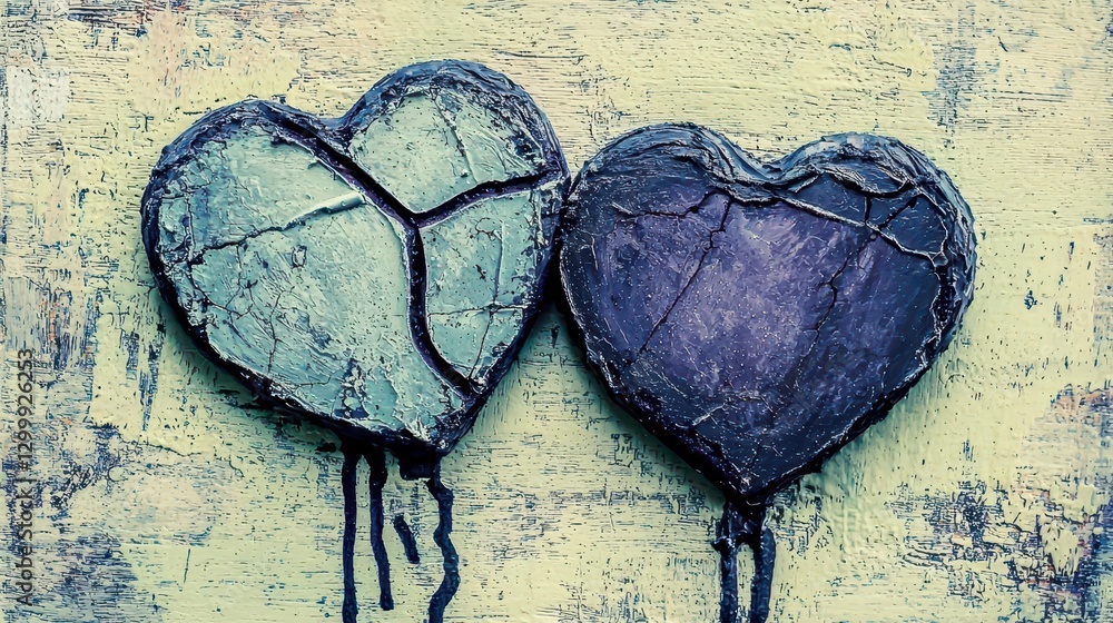 Aufkleber two broken hearts symbolizing heartbreak on a rustic wooden background