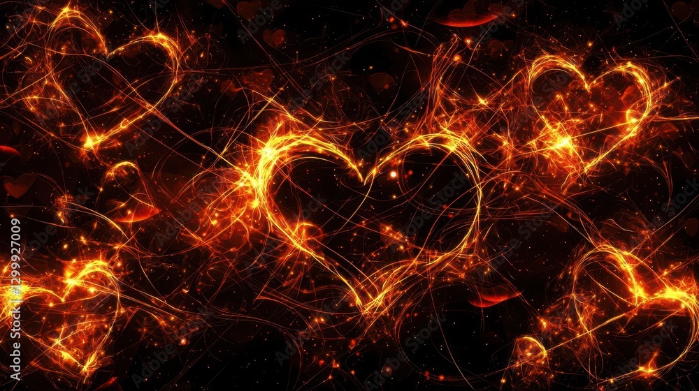 Poster background of fire and sparks with intense flames and glowing embers in dark atmosphere