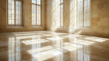 Bright, spacious interior of a sunlit room with marble floor and large windows casting shadows