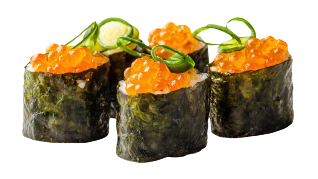 A close-up of sushi rolls topped with tobiko and thinly sliced green onions