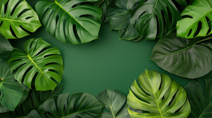 Fototapeta premium Lush green leaves frame a solid background, creating a natural aesthetic.