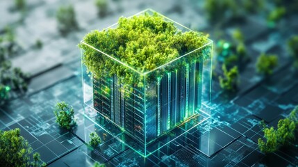 Illustration of a server blades cube with green nature over it representing the possibility of green ecological technology