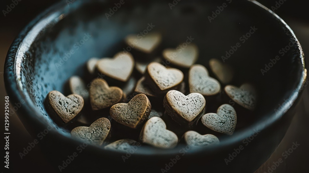 Poster bowl filled with colorful hearts on a table surface in a bright indoor setting