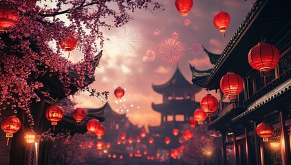 Fototapeta premium Red Lanterns and Cherry Blossoms Illuminate Festive Asian City at Night
