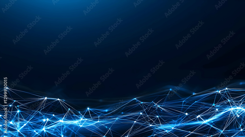 Poster abstract blue digital network wave with illuminated points and connection lines in dark space