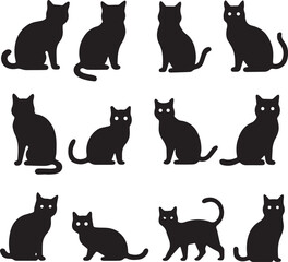 set of cats silhouettes. simple, black silhouette illustrations of cats in different postures.