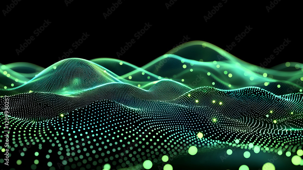 Poster abstract digital waveform visualization on black background with green glowing particles
