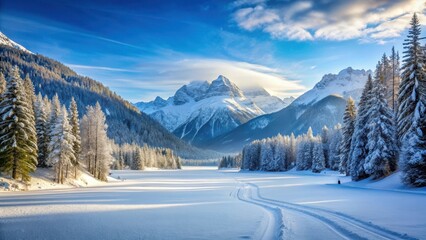 Serene winter landscape with a perfectly groomed empty ski piste surrounded by snow-covered trees and frozen lake, snow-covered, mountains