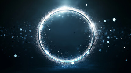 Magical Blurred Light Background with Glowing Sparkle Silver Circle and Dark Blue Tones. Copy paste area for text, celebration, award or product.
