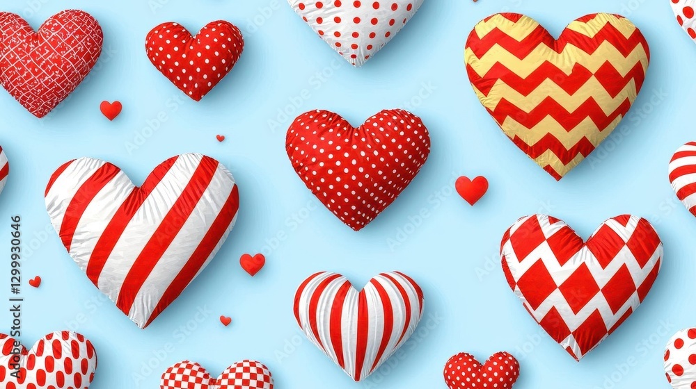 Aufkleber many red and white hearts scattered on a blue background creating a playful and vibrant design