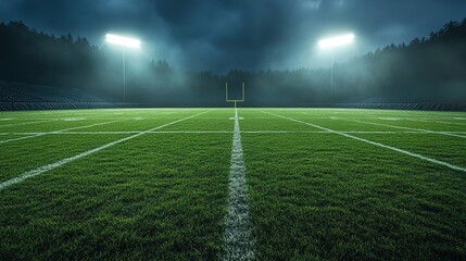 Obraz premium Empty football field with bright lights focused on the center, lush green turf, dramatic lighting, highdefinition resolution