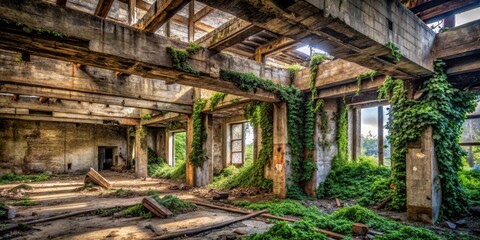 Crumbling concrete walls with ivy growth and decayed wood beams in a long-abandoned