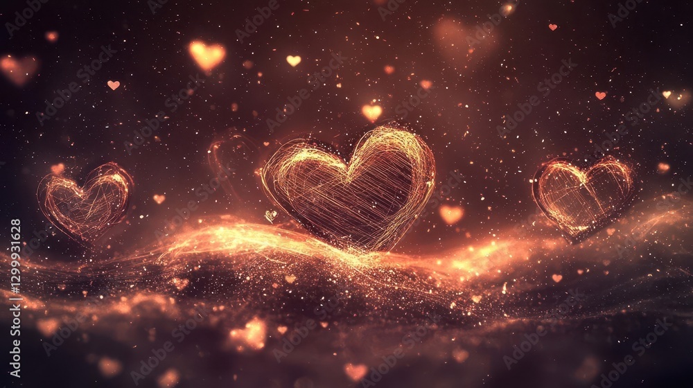 Poster two hearts floating in the air with sparks creating a romantic and magical atmosphere