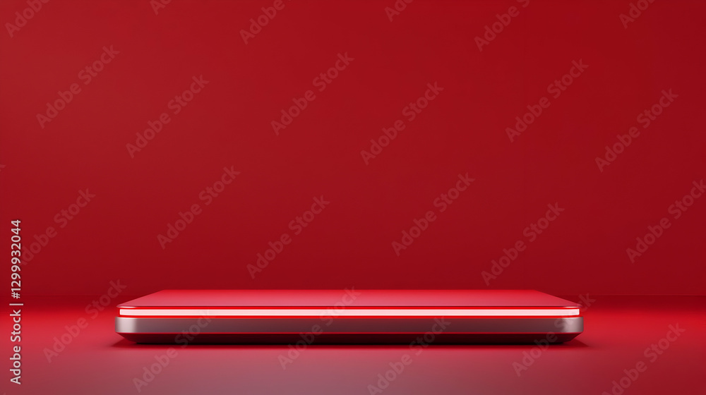 Poster Red Illuminated Stage Podium Displaying Product Against Red Background
