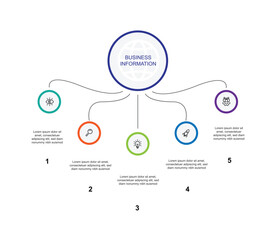 Naklejka premium Design template infographic with icons and 5 line connected on circle concept. Vector diagram can be used for workflow, business information and web graphic design 