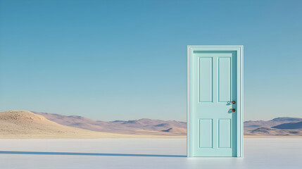Pale Blue Doorway Facing Desert Landscape Under Clear Blue Sky