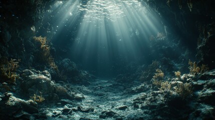 Obraz premium Serene Underwater Scene with Sunlight and Coral Formations