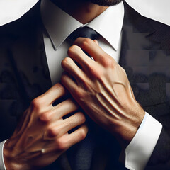 Close-up shot of a man's hands adjusting his tie, symbolizing attention to detail and impeccable style.