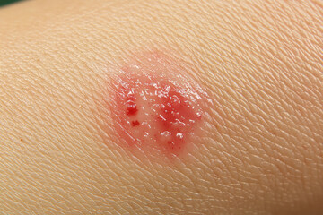 Fototapeta premium A close-up of a skin lesion displaying redness and fluid, indicating possible inflammation or infection.