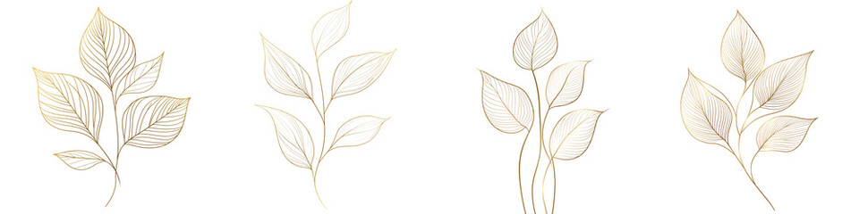 Set of golden leaves, vector line art, isolated on a transparent background.