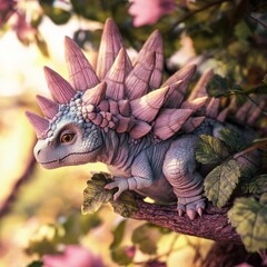 Fototapeta premium Pastel Pink and Blue Fantasy Lizard on Branch