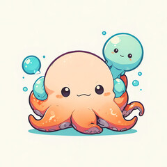 Adorable Octopus and Jellyfish Friends in a Whimsical Underwater Scene