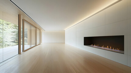 Modern Minimalist Interior With Fireplace And Large Windows Showing Forest View