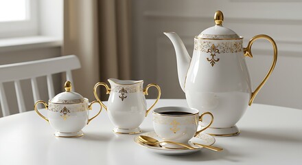 Fototapeta premium An elegant white porcelain coffee set with a gold spoon on a white table