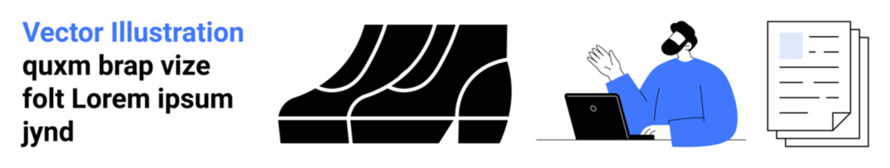 Worker typing on laptop, stacked files, dynamic abstract shapes in modern style. Ideal for workflow, productivity, business, office tasks, data management, digital workspace flat landing page banner