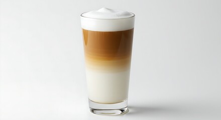 A latte macchiato in a tall glass, distinct coffee and milk layers visible.