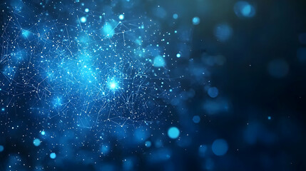 Abstract Blue Digital Network Connecting Data Points on Dark Background with Glowing Bokeh Lights