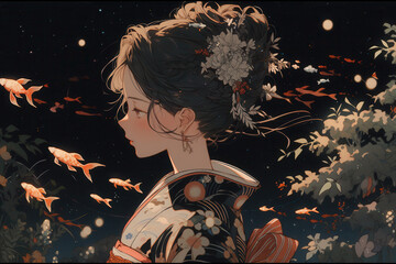 アニメ／着物の美女と蛍