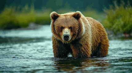 Obraz premium Majestic brown bear wading through a serene river surrounded by lush greenery and wildlife