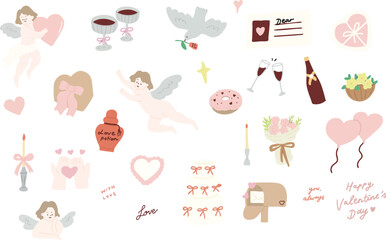 set of valentine illustration with angel and cake