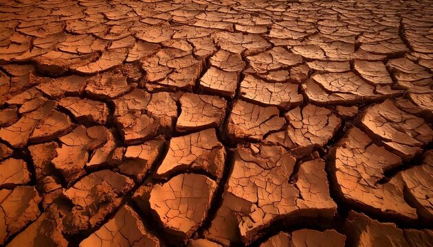 High-Resolution Texture of Cracked Dry Earth with Deep Fissures and Warm Ochre Tones Under Sunlight