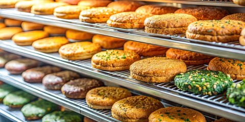 Vegetarian patties on supermarket shelf, sustainable living