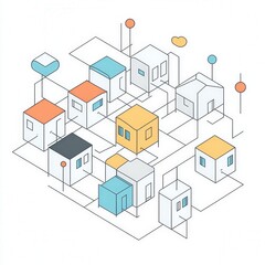 Smart city network connected homes, infrastructure, isometric illustration