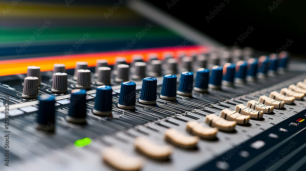 Poster close up of professional audio mixing console with blue and white knobs displaying levels and colorf