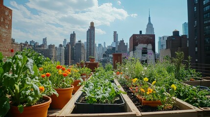 Fototapeta premium Urban Rooftop Garden: Vibrant Blooms and City Skyline