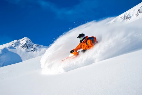 A snowmobile outrunning an avalanche on a treacherous mountain slope