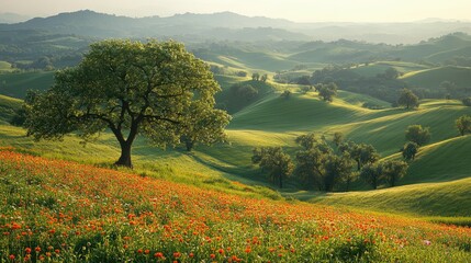 Obraz premium Serene landscape showcasing rolling hills adorned with vibrant wildflowers under a gentle sunset